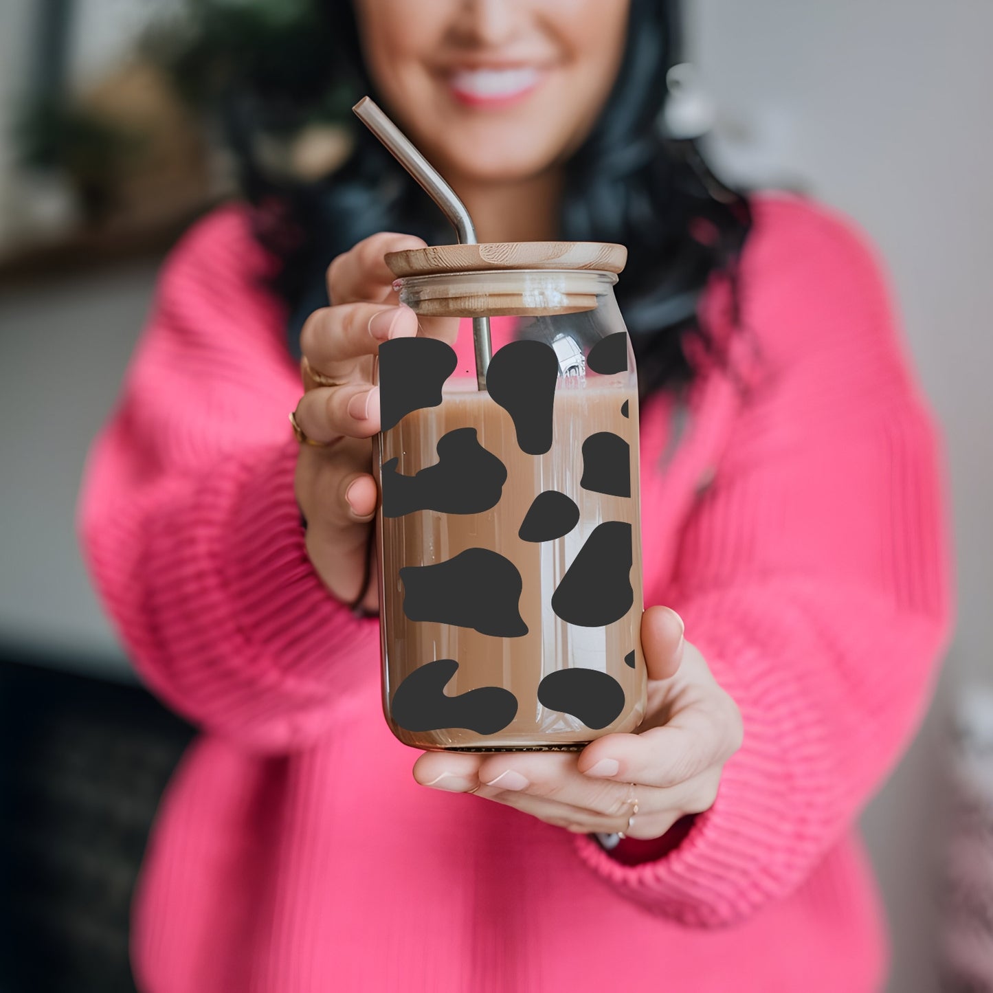 Cow Pattern 16 oz Glass Tumbler with bamboo lid and glass straw