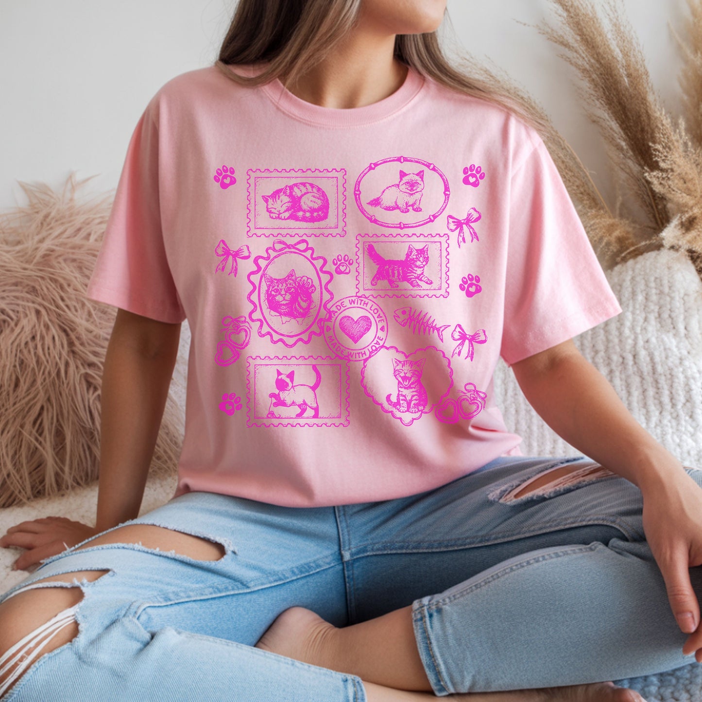 Cats Vintage Style Gallery Pink Unisex T-Shirt-Set 1.