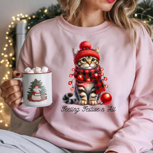 Feeling Festive N All Christmas Cute Cat Sweatshirt.