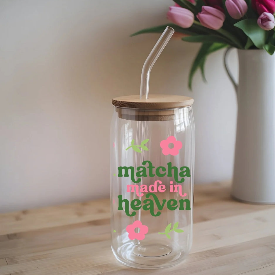 Matcha Made In Heaven 16 oz Glass Tumbler with bamboo lid and glass straw.