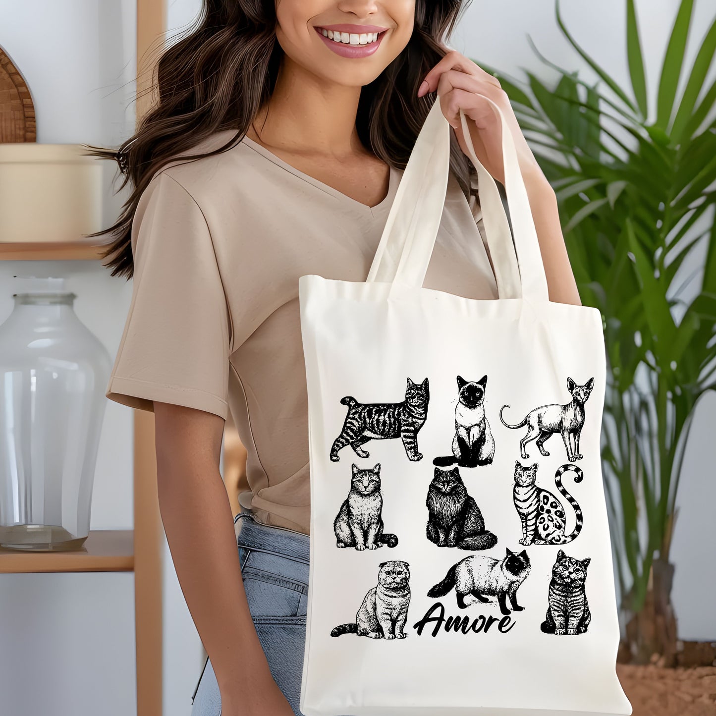 Cats Amore Hand Drawn Vintage Style Cotton Tote Bag.