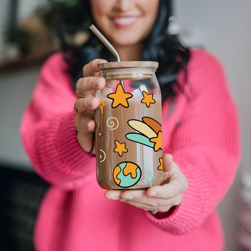 Planet Earth Kawaii 16 oz Glass Tumbler with bamboo lid and glass straw.