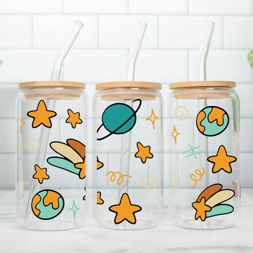 Planet Earth Kawaii 16 oz Glass Tumbler with bamboo lid and glass straw.