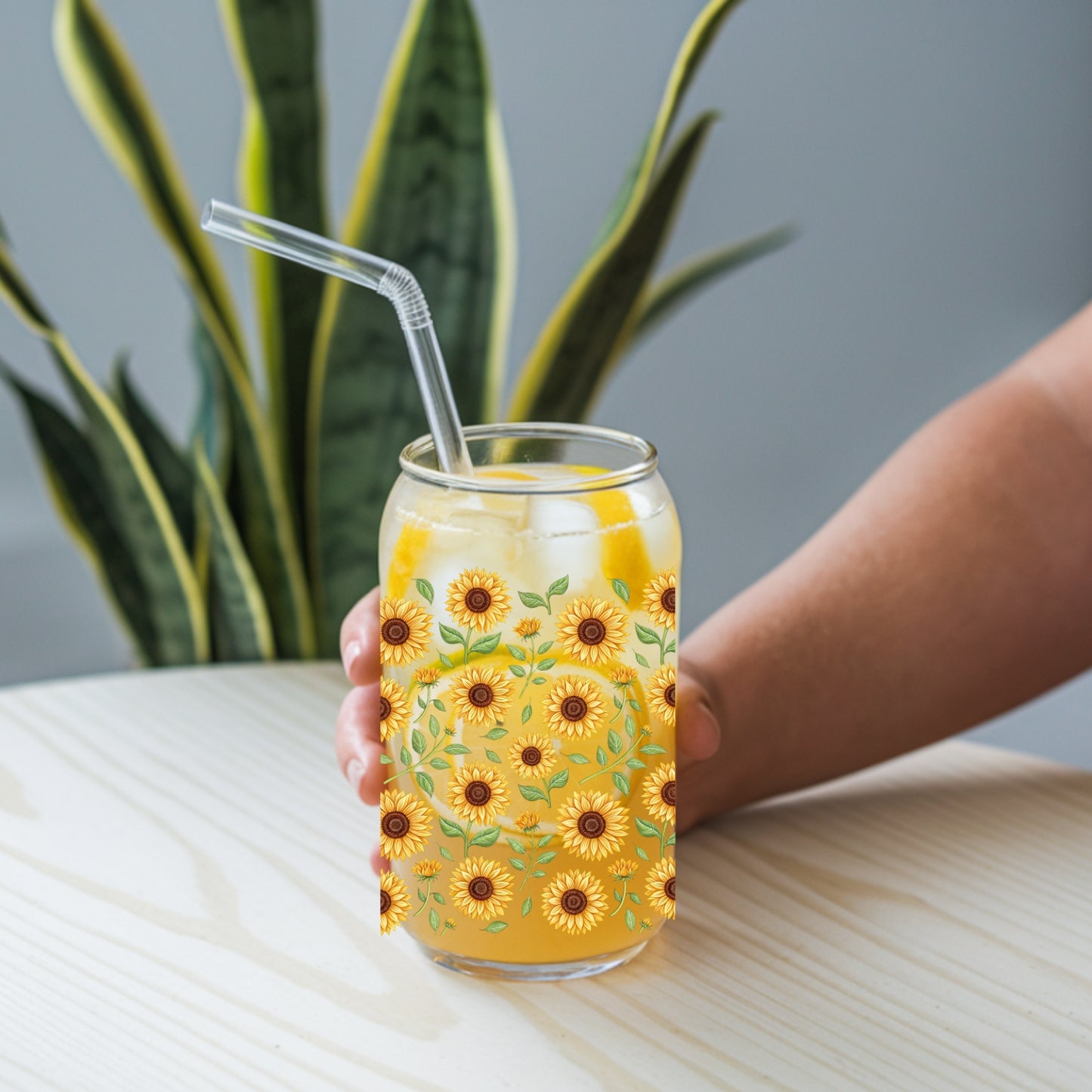 Sunflower Vines oz Glass Tumbler with bamboo lid and glass straw.