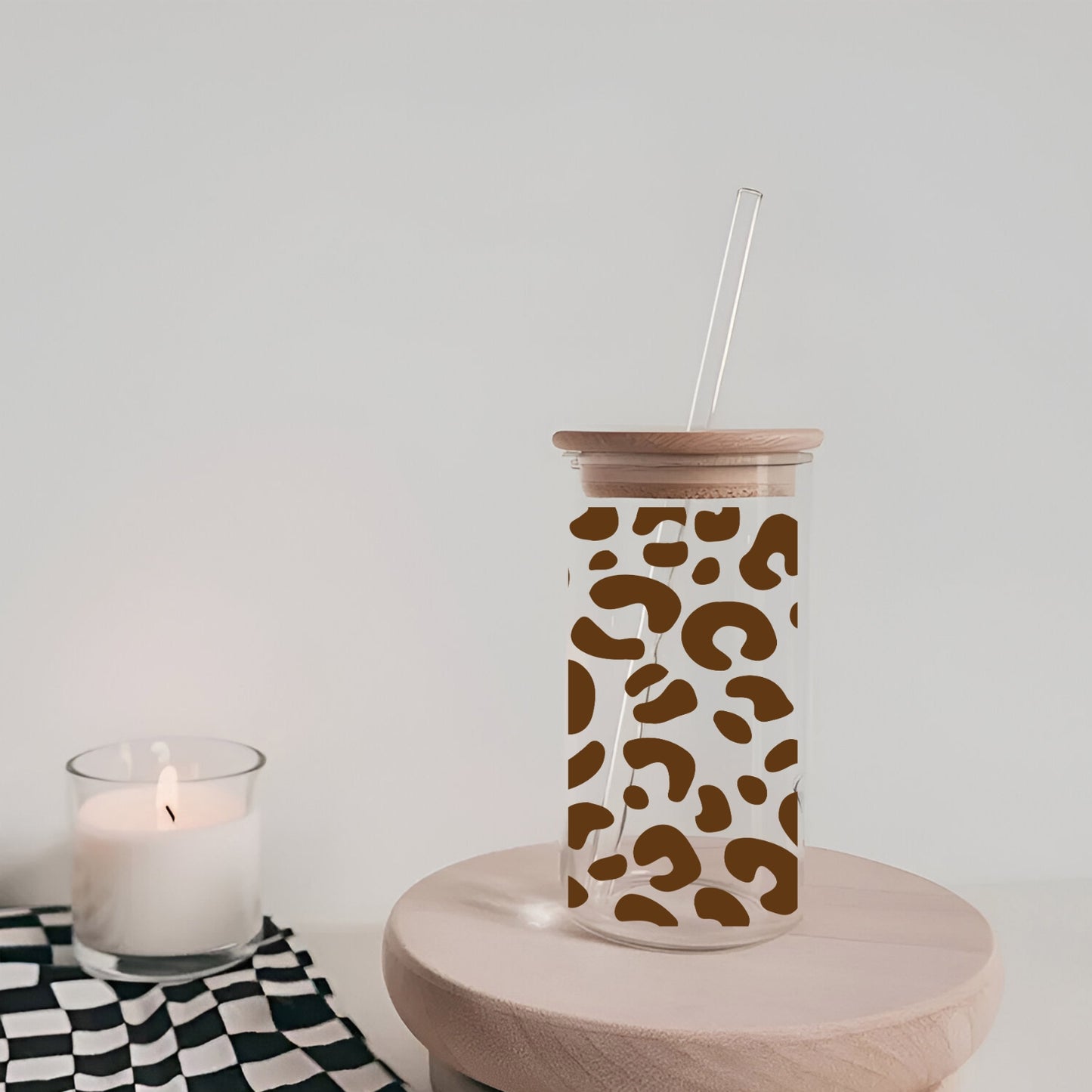 Leopard Pattern 16 oz Glass Tumbler with bamboo lid and glass straw