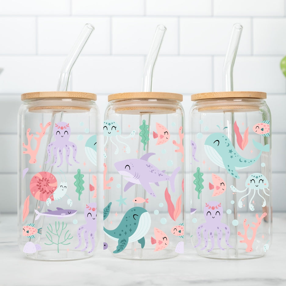 Sea/Ocean Animals 16 oz Glass Tumbler with bamboo lid and glass straw.