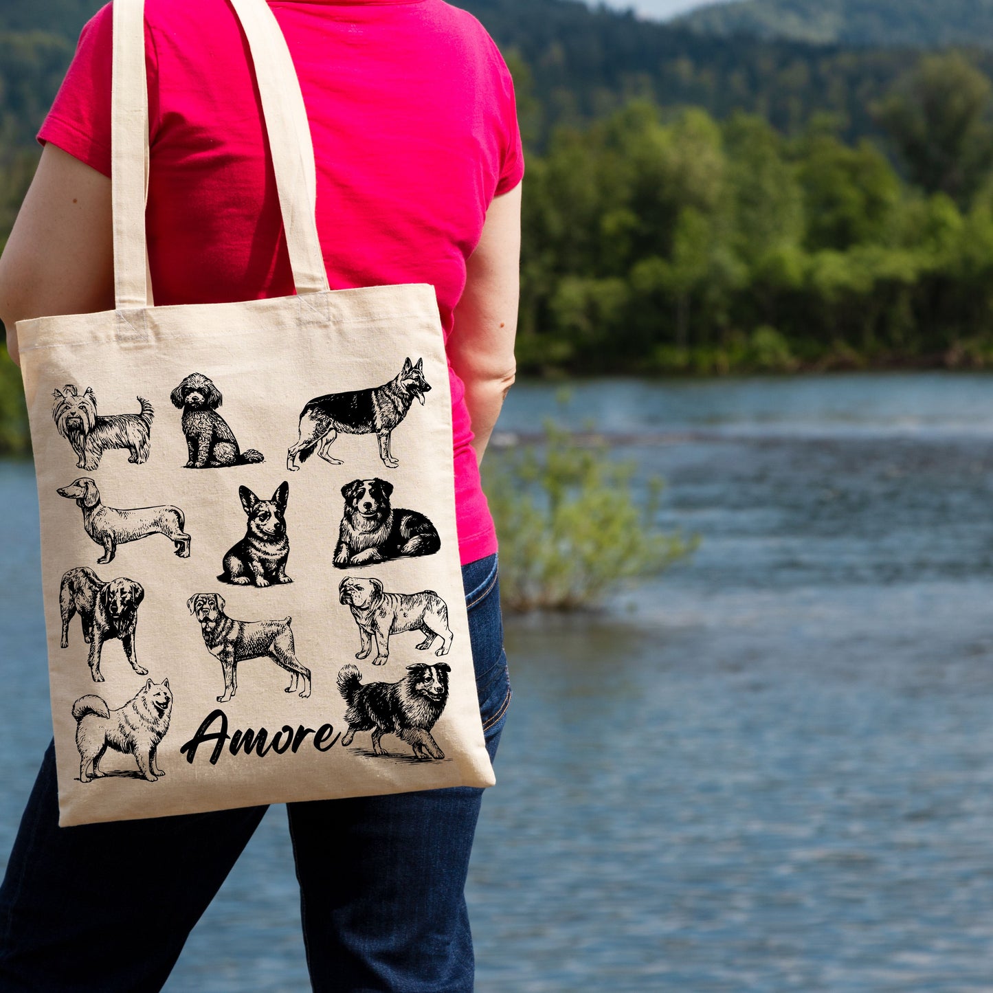 Dogs Amore Hand Drawn Vintage Style Cotton Tote Bag.