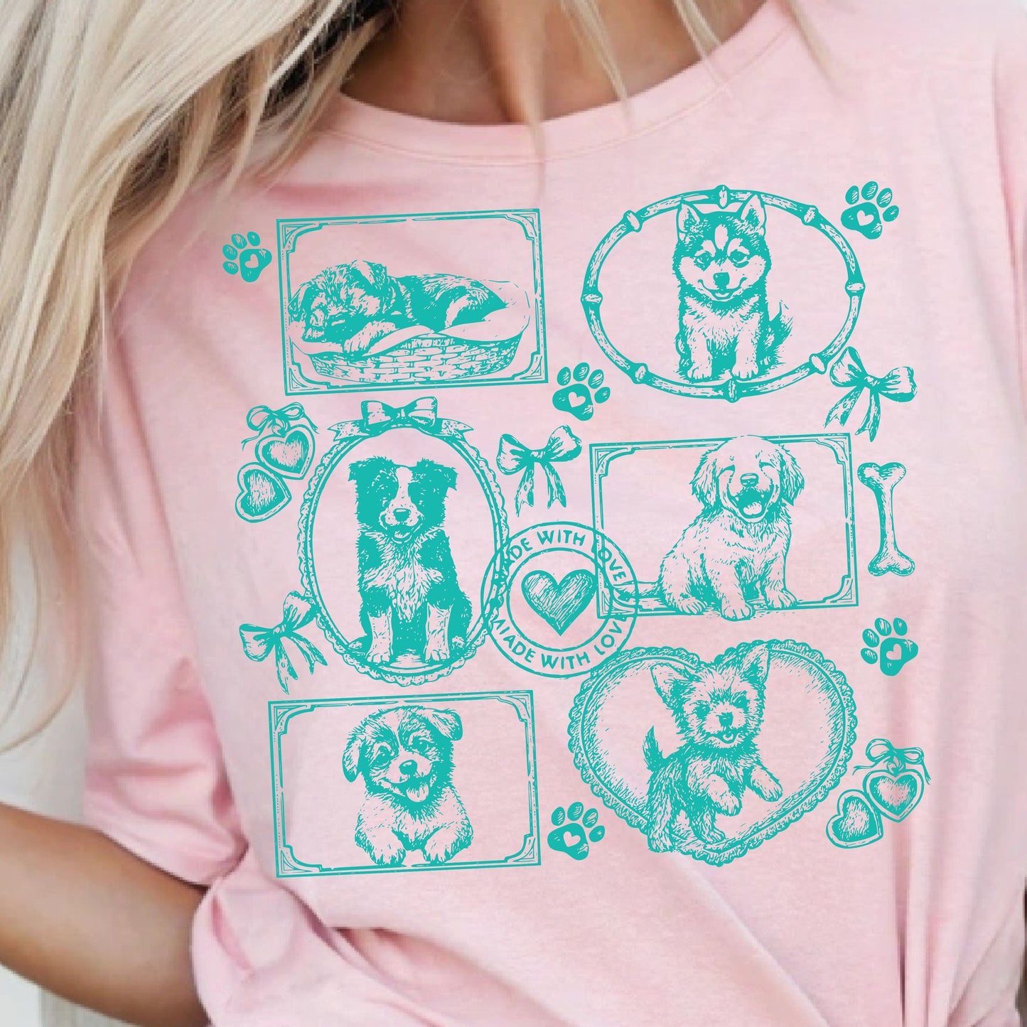 Dogs Vintage Style Gallery Pink Unisex T-Shirt-Set 1.