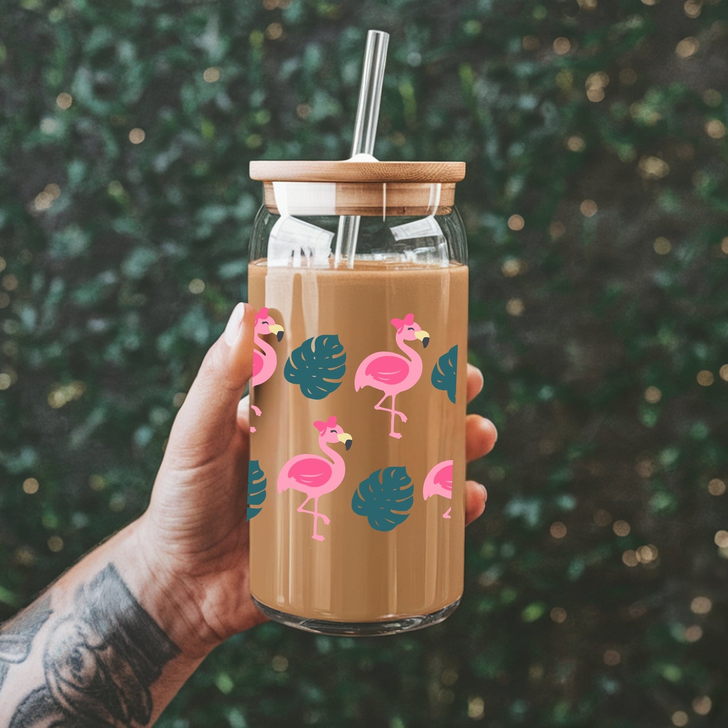 Flamingos With Bows 16 oz Glass Tumbler with bamboo lid and glass straw.
