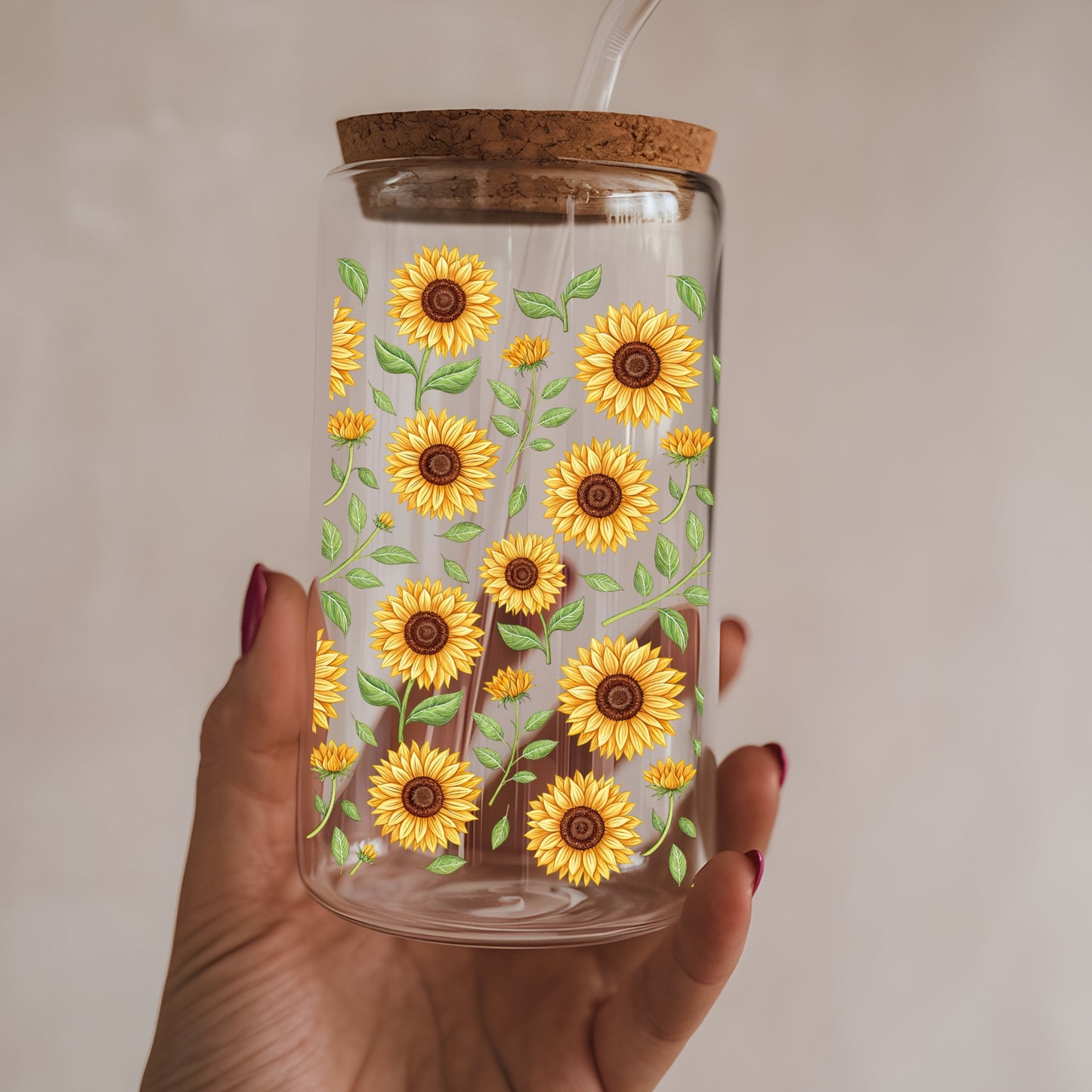 Sunflower Vines oz Glass Tumbler with bamboo lid and glass straw.