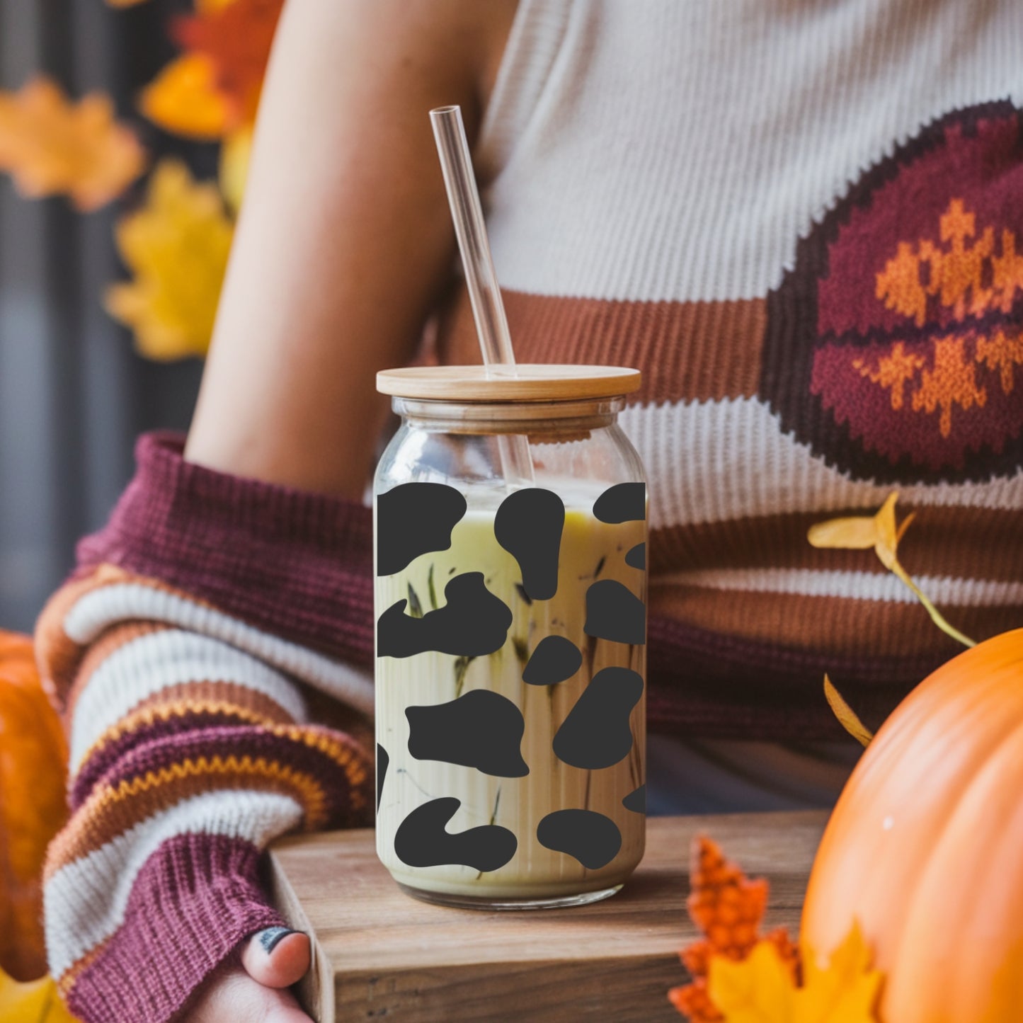 Cow Pattern 16 oz Glass Tumbler with bamboo lid and glass straw