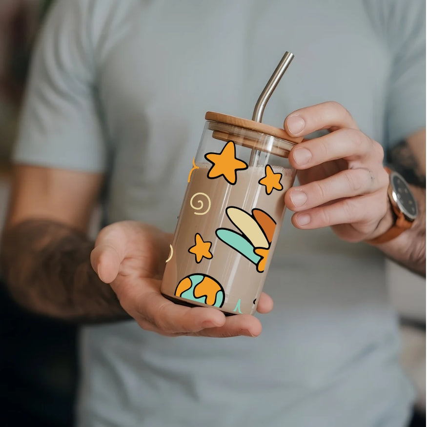 Planet Earth Kawaii 16 oz Glass Tumbler with bamboo lid and glass straw.