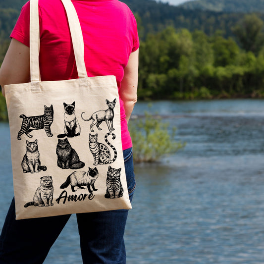 Cats Amore Hand Drawn Vintage Style Cotton Tote Bag.