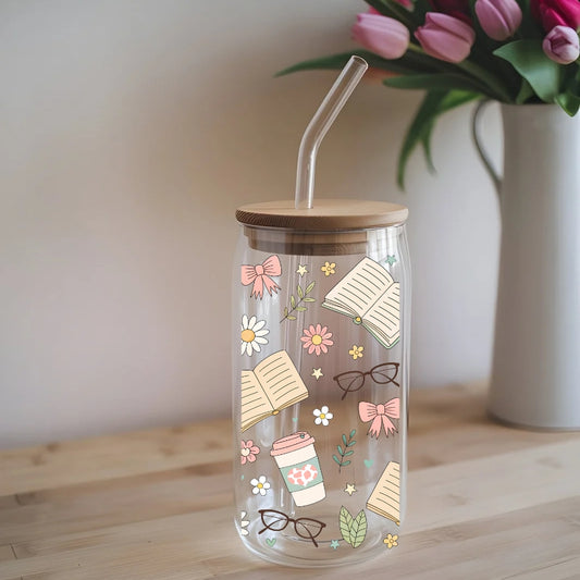 Book Lovers 16 oz Glass Tumbler with bamboo lid and glass straw.
