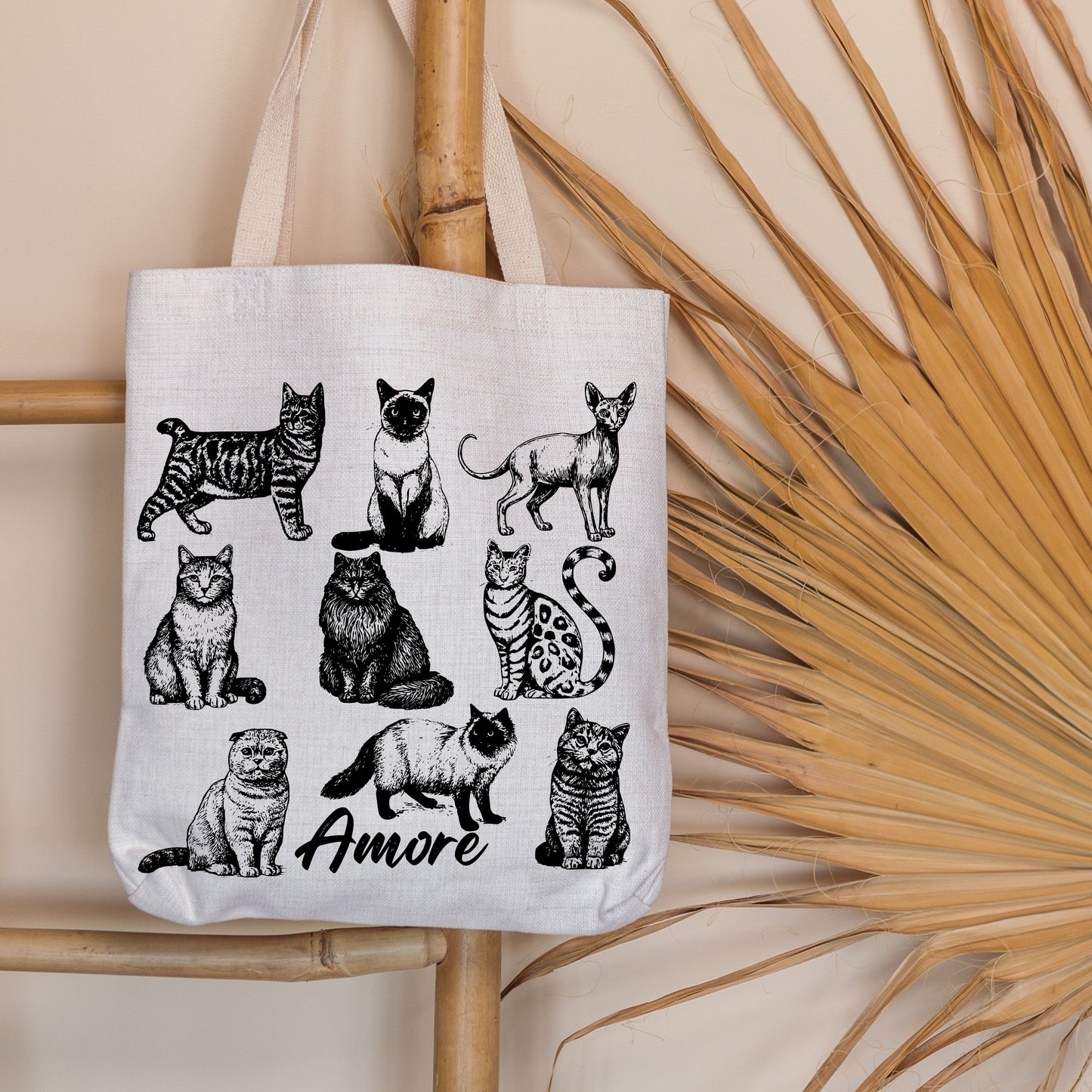 Cats Amore Hand Drawn Vintage Style Cotton Tote Bag.
