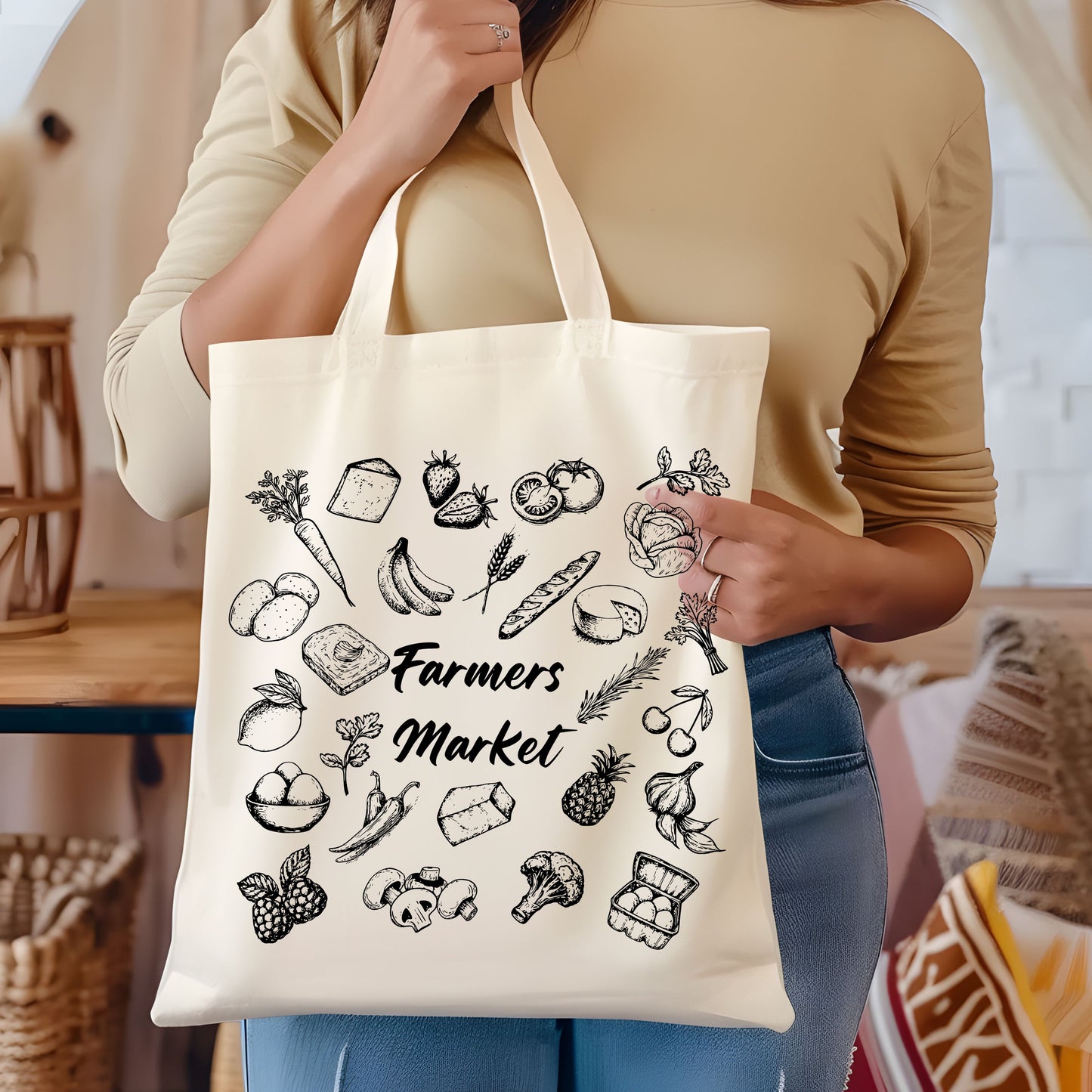 Farmers Market Hand Drawn Vintage Style Cotton Tote Bag.
