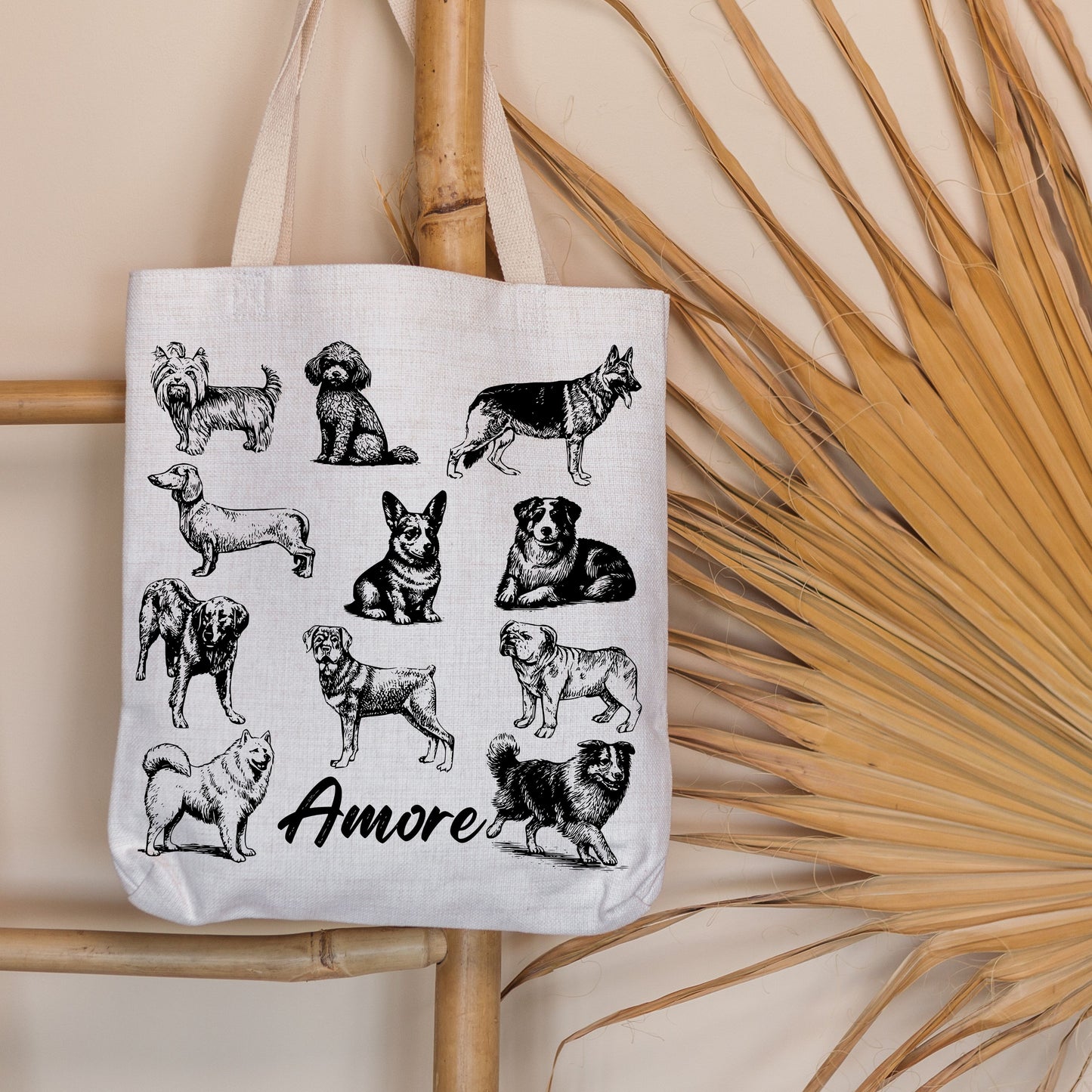 Dogs Amore Hand Drawn Vintage Style Cotton Tote Bag.