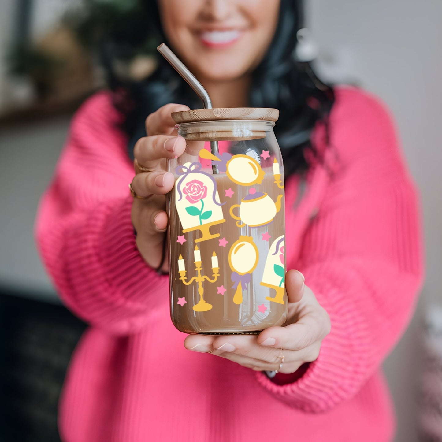 Princess 16 oz Glass Tumbler with bamboo lid and glass straw.