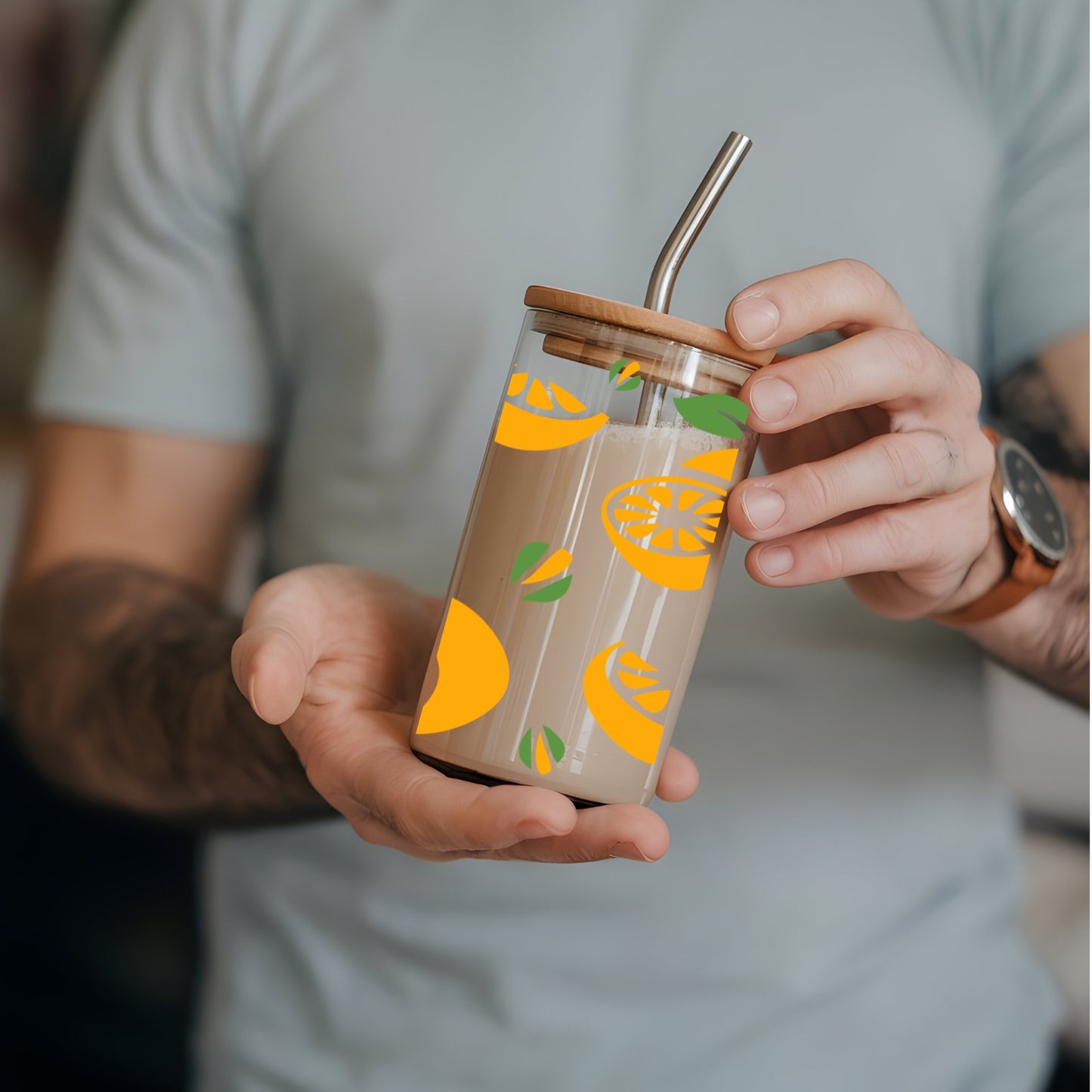 Lemon Slices 16 oz Glass Tumbler with bamboo lid and glass straw