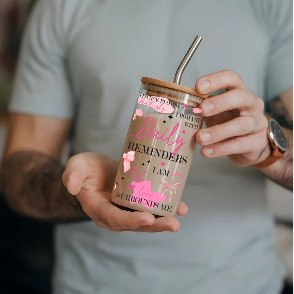 Daily Reminders 16 oz Glass Tumbler with bamboo lid and glass straw.