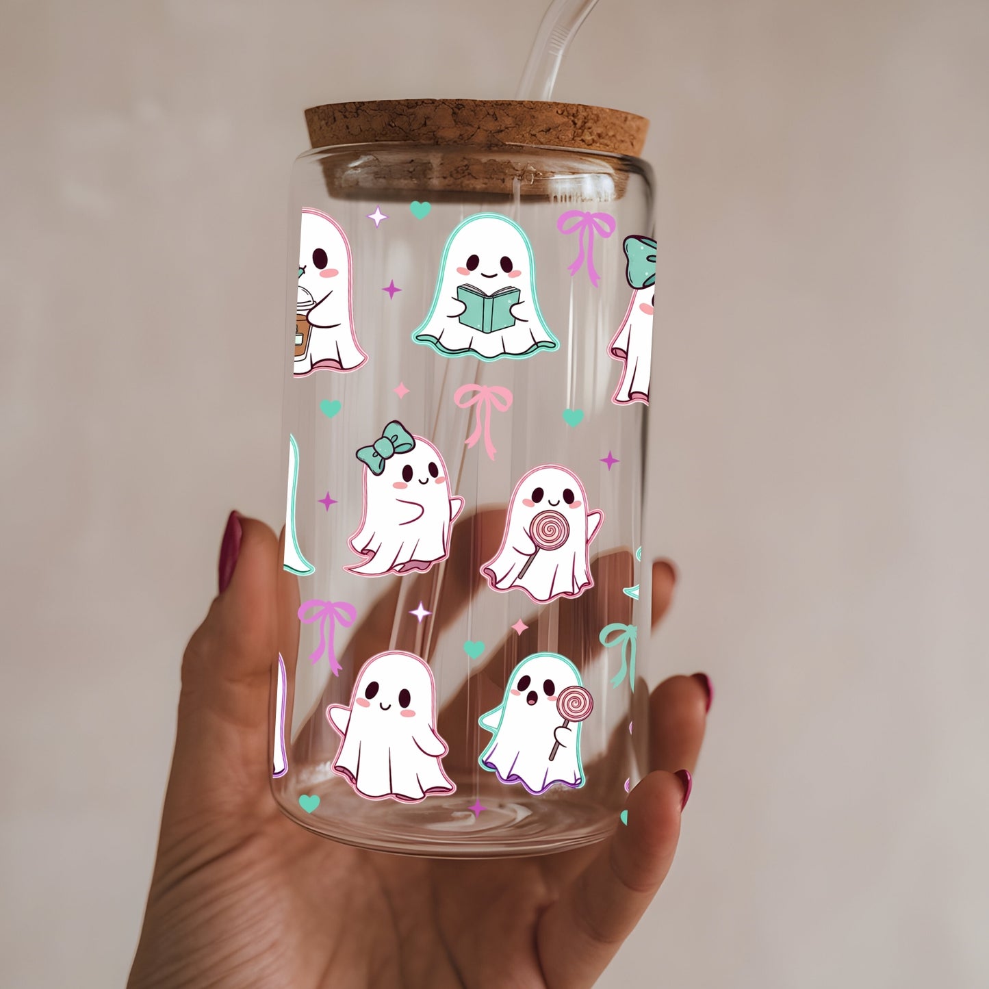 Cute Ghosts With Bows 16 oz Glass Tumbler with bamboo lid and glass straw.