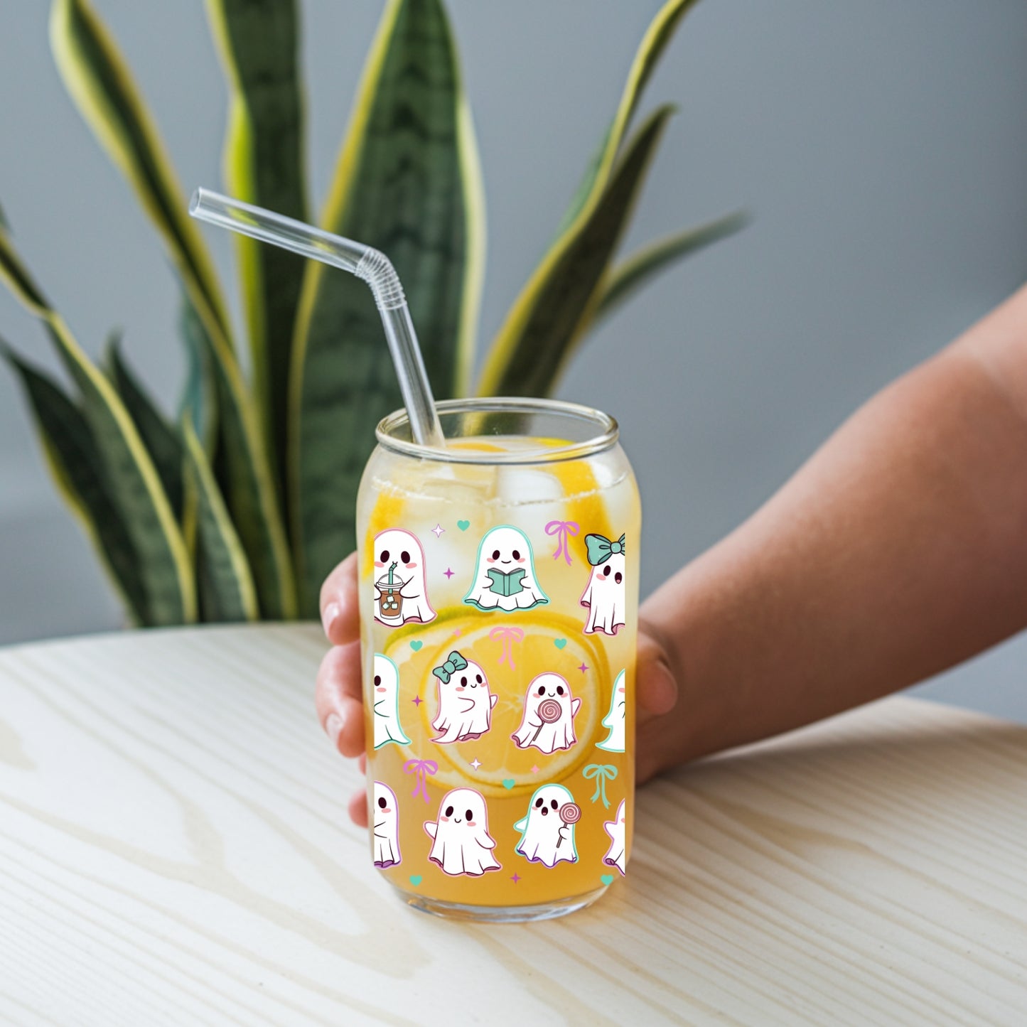 Cute Ghosts With Bows 16 oz Glass Tumbler with bamboo lid and glass straw.