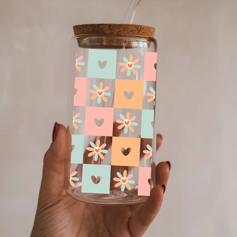 Chequered Hearts And Flowers 16 oz Glass Tumbler with bamboo lid and glass straw.