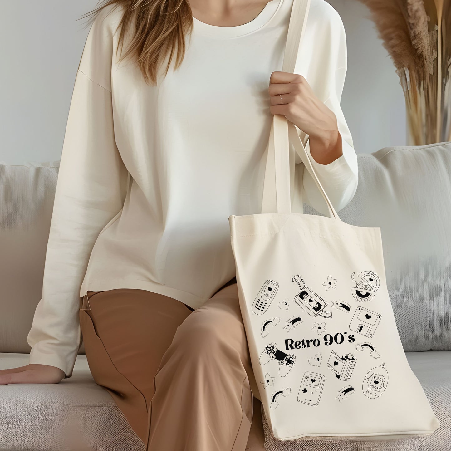 Retro 90's Hand Drawn Vintage Style Cotton Tote Bag.