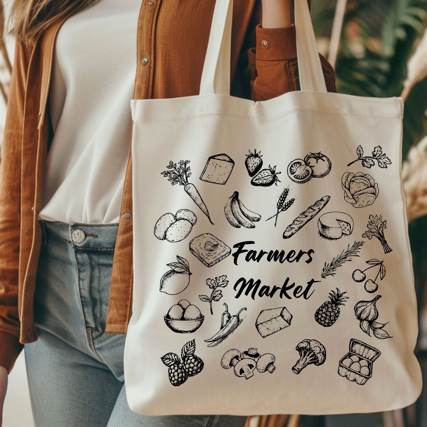 Farmers Market Hand Drawn Vintage Style Cotton Tote Bag.