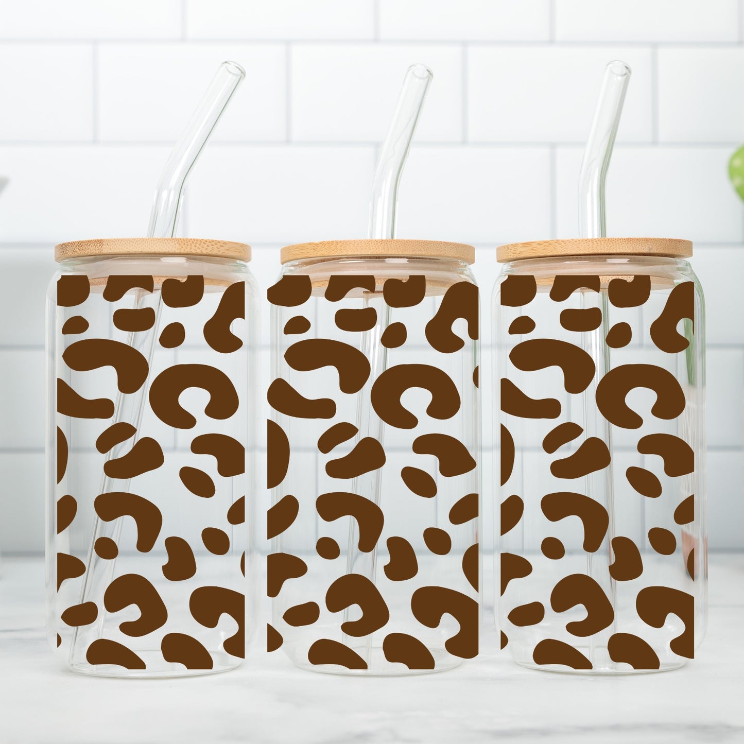 Leopard Pattern 16 oz Glass Tumbler with bamboo lid and glass straw