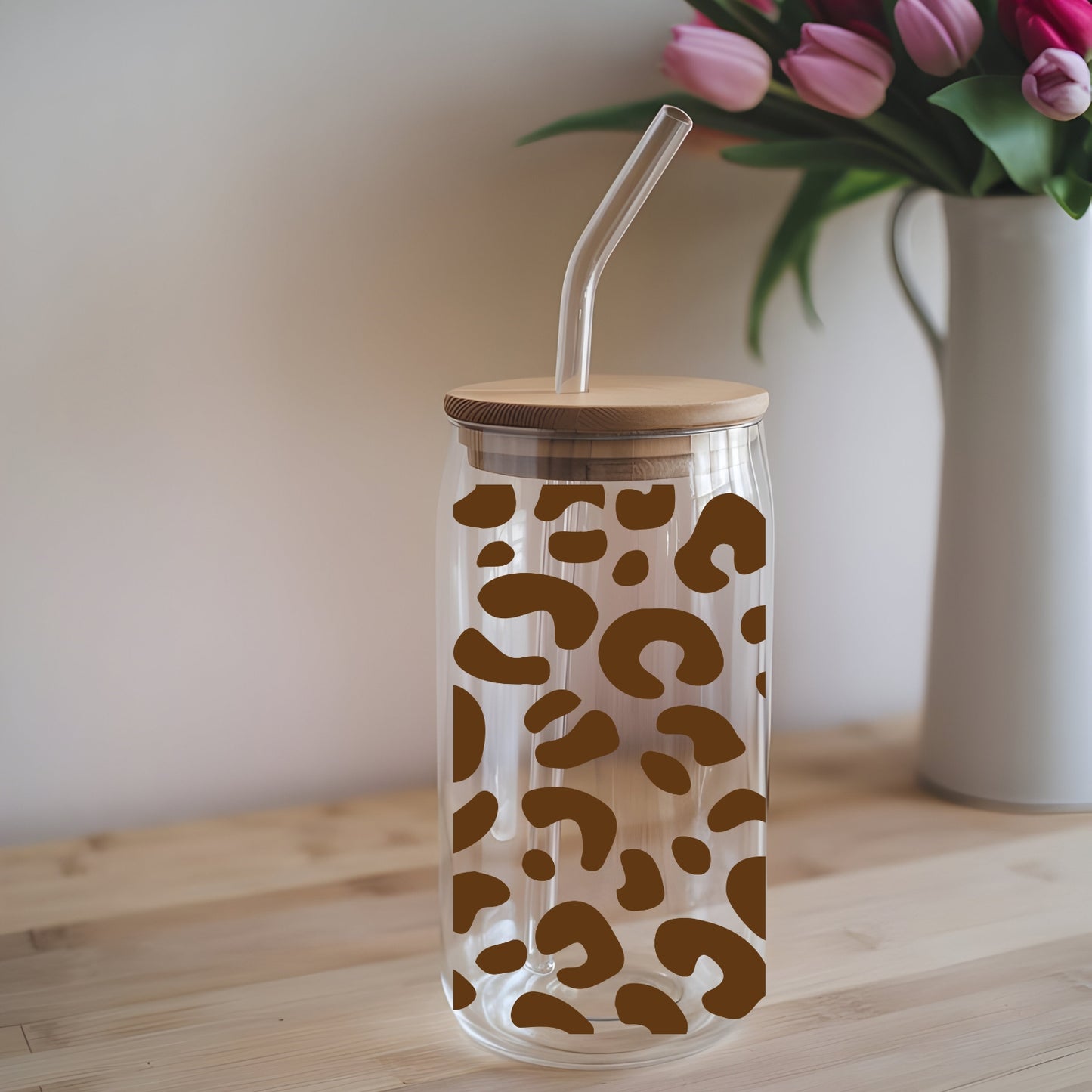 Leopard Pattern 16 oz Glass Tumbler with bamboo lid and glass straw