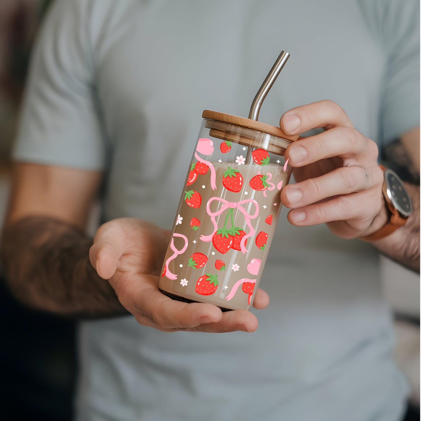 Strawberries and Coquette Bows 16 oz Glass Tumbler with bamboo lid and glass straw