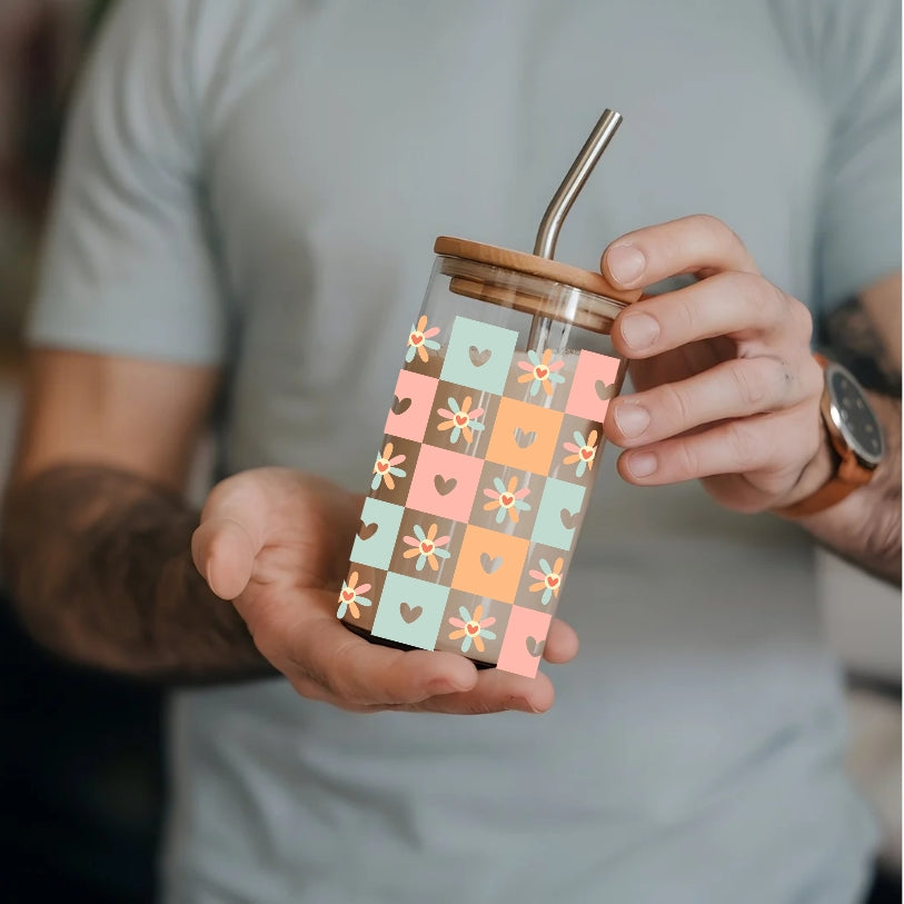 Chequered Hearts And Flowers 16 oz Glass Tumbler with bamboo lid and glass straw.