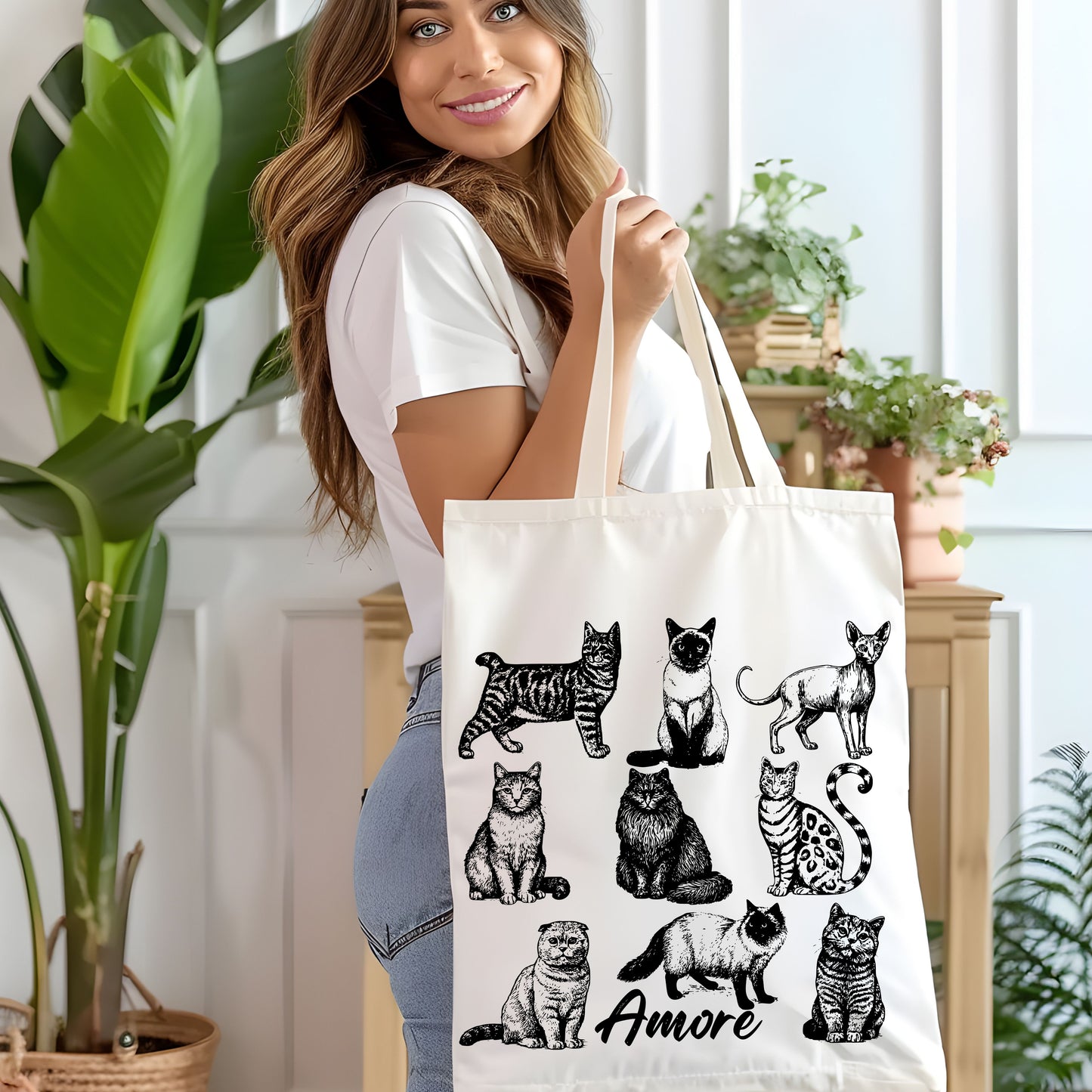 Cats Amore Hand Drawn Vintage Style Cotton Tote Bag.