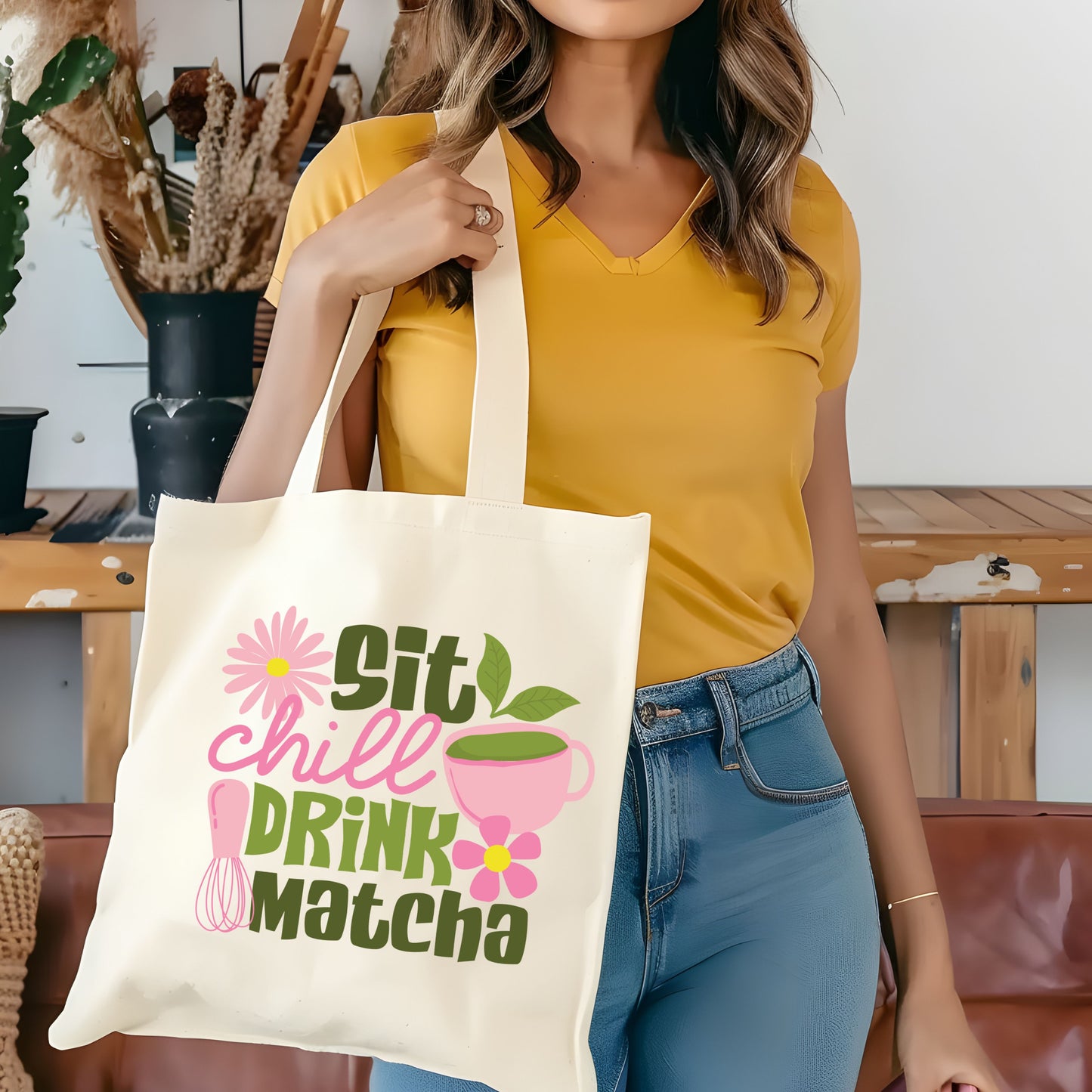 Sit, Chill, Drink, Matcha Cotton Tote Bag.
