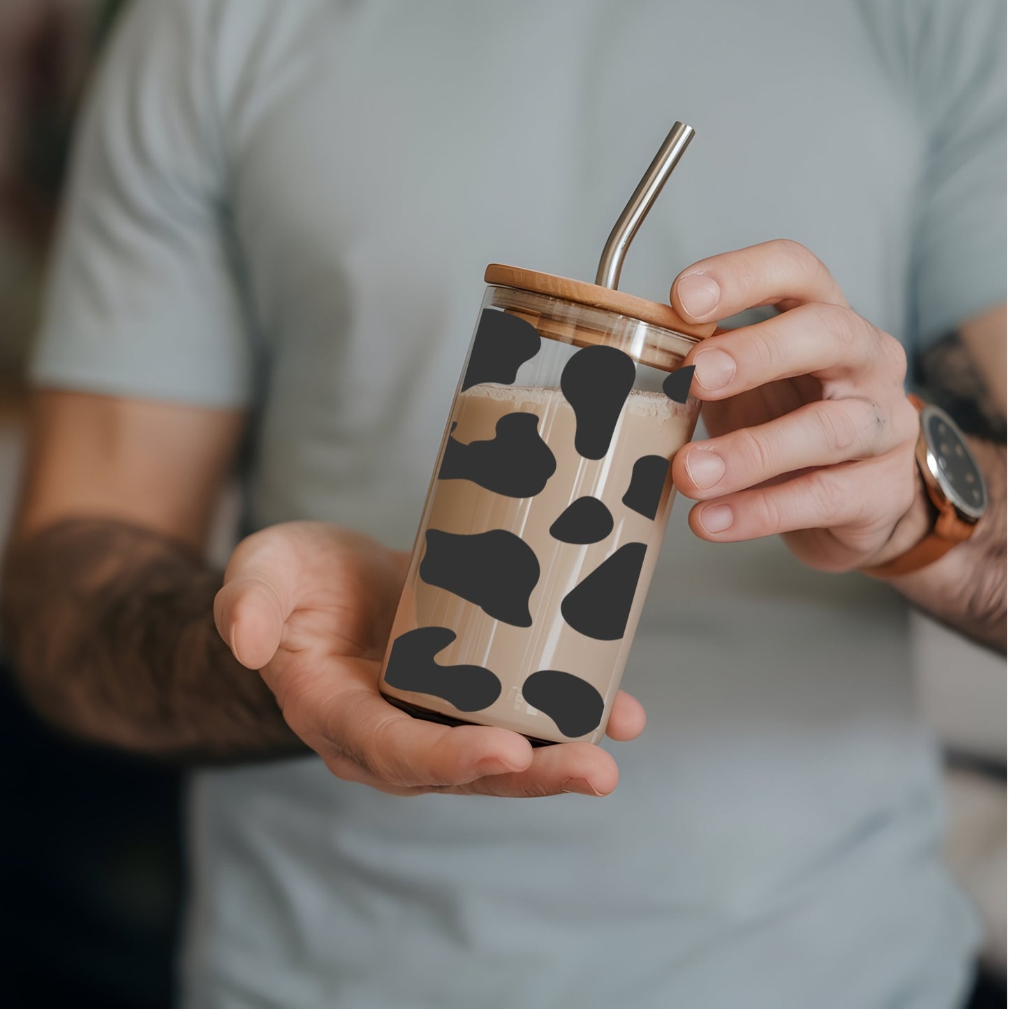 Cow Pattern 16 oz Glass Tumbler with bamboo lid and glass straw