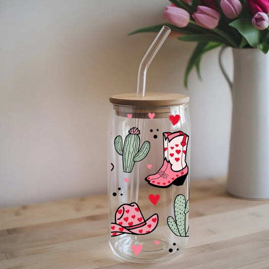 Western Cowgirls 16 oz Glass Tumbler with bamboo lid and glass straw.
