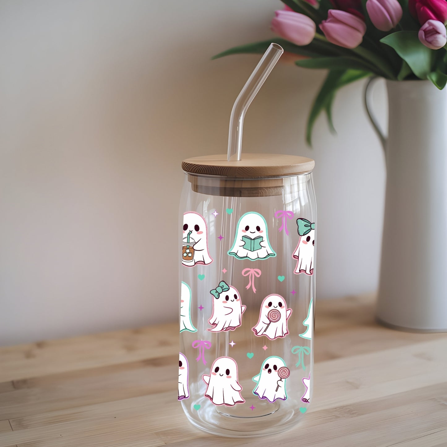 Cute Ghosts With Bows 16 oz Glass Tumbler with bamboo lid and glass straw.