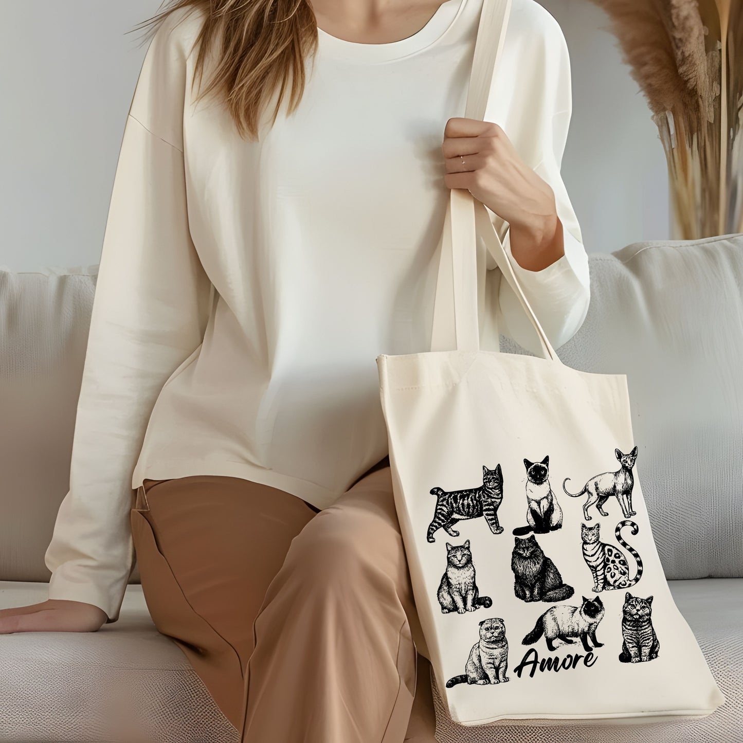 Cats Amore Hand Drawn Vintage Style Cotton Tote Bag.