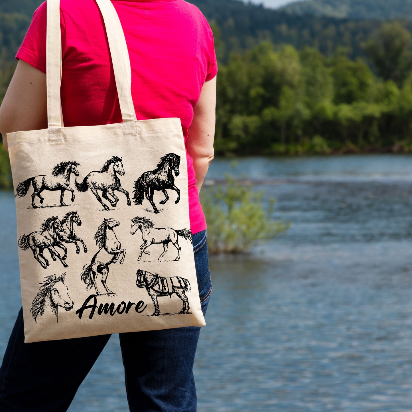 Horses Amore Hand Drawn Vintage Style Cotton Tote Bag.