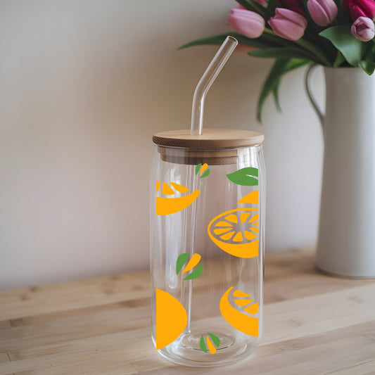 Lemon Slices 16 oz Glass Tumbler with bamboo lid and glass straw