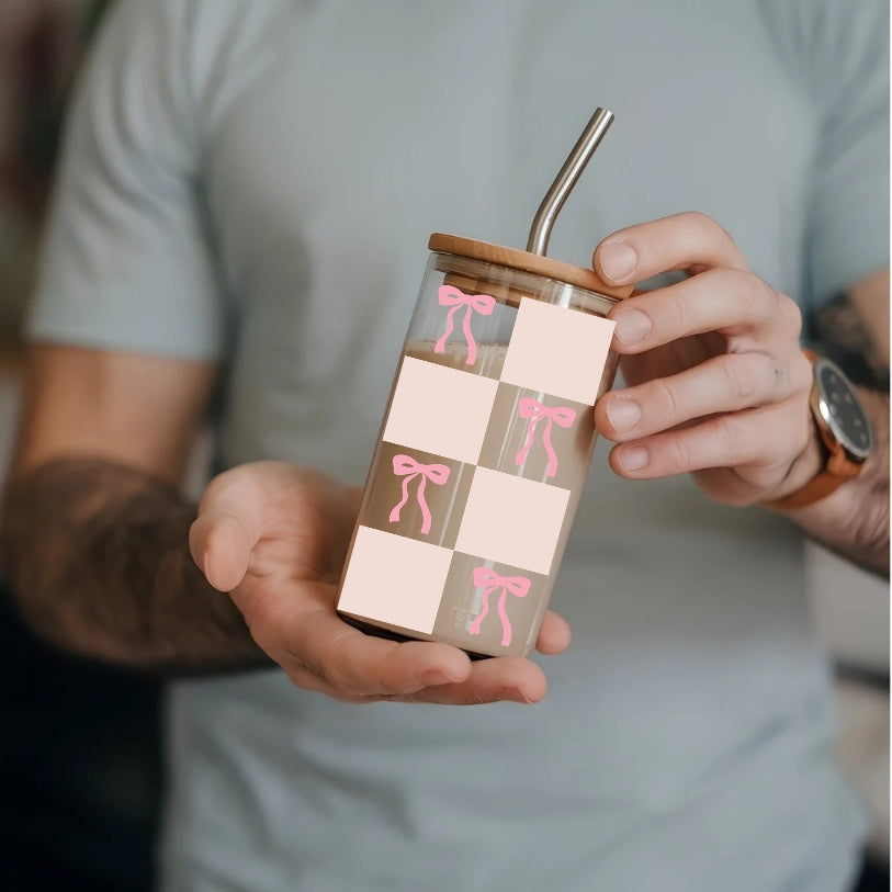 Chequered Coquette Bows 16 oz Glass Tumbler with bamboo lid and glass straw.