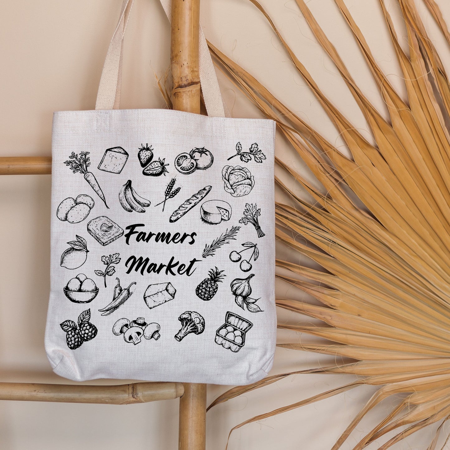 Farmers Market Hand Drawn Vintage Style Cotton Tote Bag.