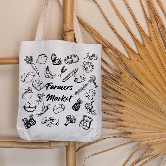 Farmers Market Hand Drawn Vintage Style Cotton Tote Bag.