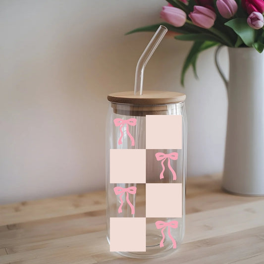 Chequered Coquette Bows 16 oz Glass Tumbler with bamboo lid and glass straw.
