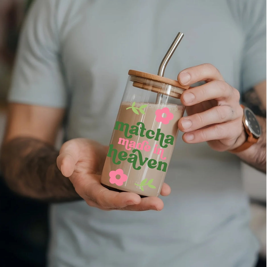 Matcha Made In Heaven 16 oz Glass Tumbler with bamboo lid and glass straw.