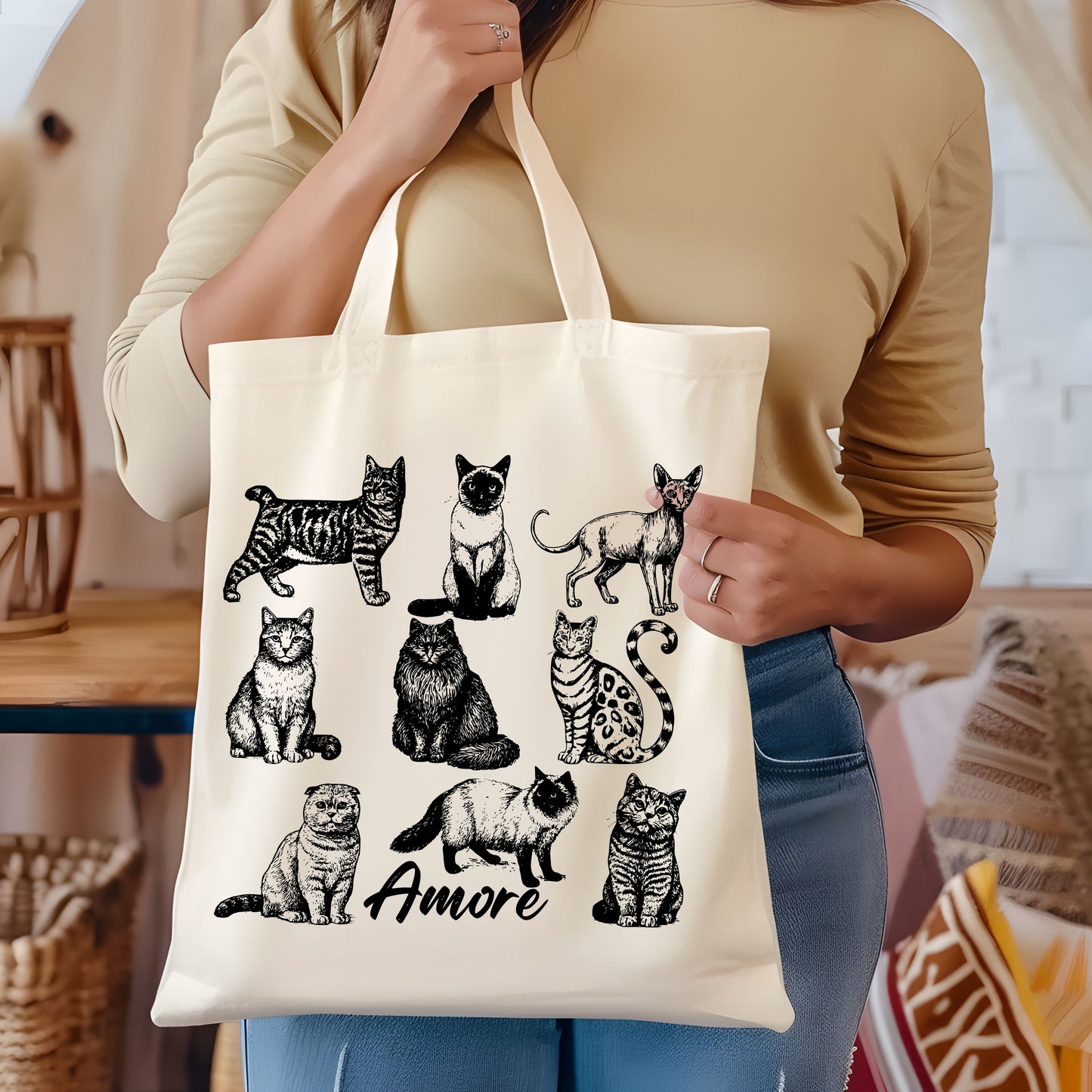 Cats Amore Hand Drawn Vintage Style Cotton Tote Bag.