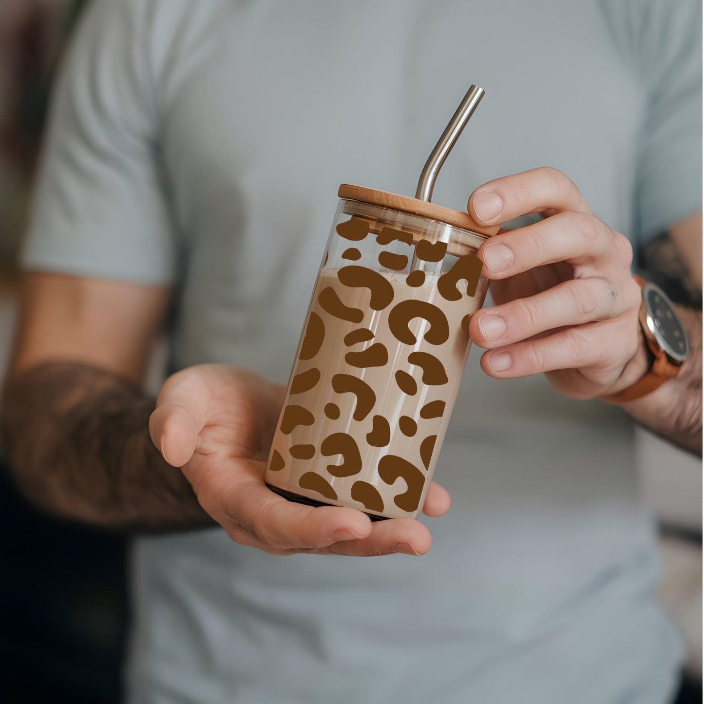 Leopard Pattern 16 oz Glass Tumbler with bamboo lid and glass straw