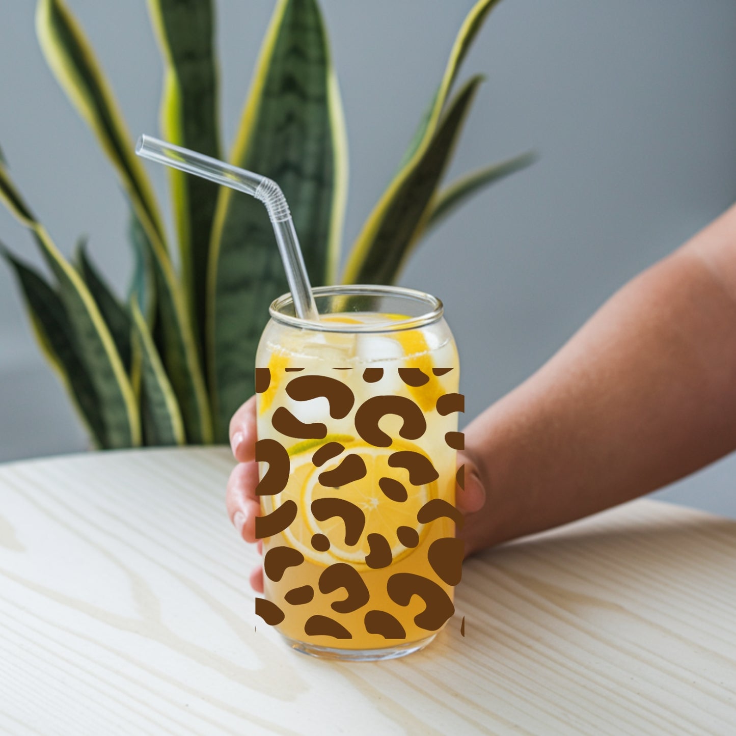 Leopard Pattern 16 oz Glass Tumbler with bamboo lid and glass straw