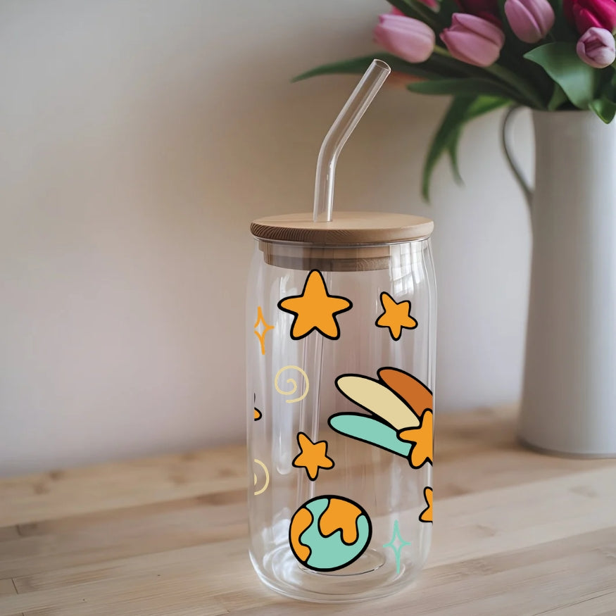Planet Earth Kawaii 16 oz Glass Tumbler with bamboo lid and glass straw.